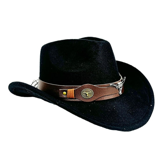 Fgnfyis Western Cowboy Hat with Cow Head Design Outdoor Casual Sun Headwear Black One Size