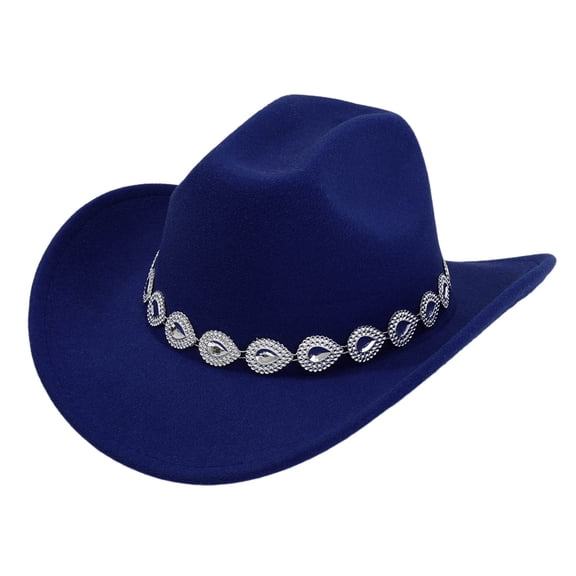 Fgnfyis Western Cowboy Hat with Metal Gemstone Chain Net Design for Men and Women Party Fashion Events Blue One Size