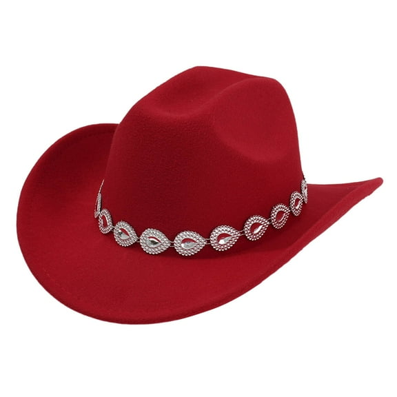 Fgnfyis Western Cowboy Hat with Metal Gemstone Chain Net Design for Men and Women Party Fashion Events Red One Size