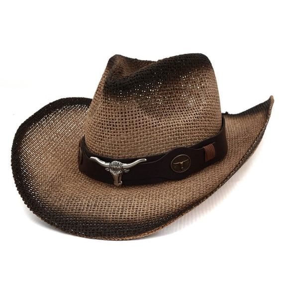 Fgnfyis Western Men's Leather Wide Brim Cowboy Hat for Riding Retro Sun Protection Cowboy Hats for Women Khaki