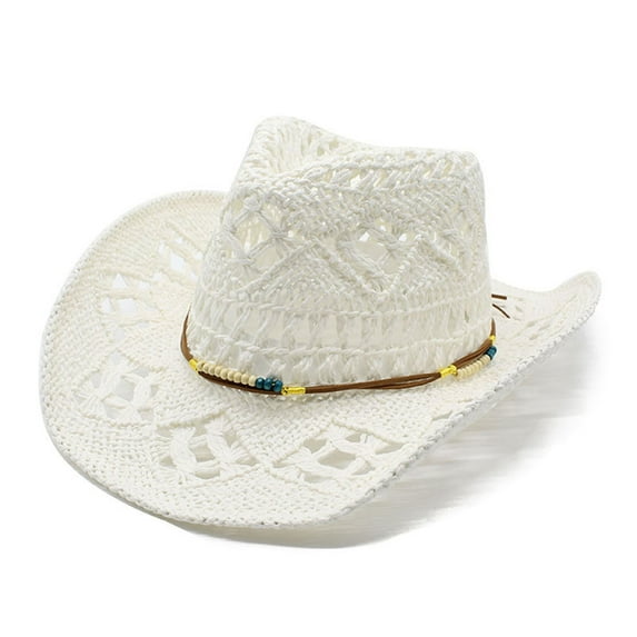 Fgnfyis Western Style Shapeable Straw Sun Hat for Women Men Summer Outdoor Cowboy Wide Brim White One Size