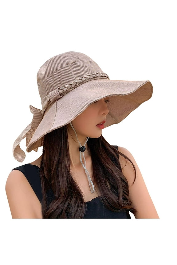 Wide Brim Sun Hat for Lady with Chin Strap Bow Spring Summer Travel Outdoor Sun Protection Hats for Women Khaki