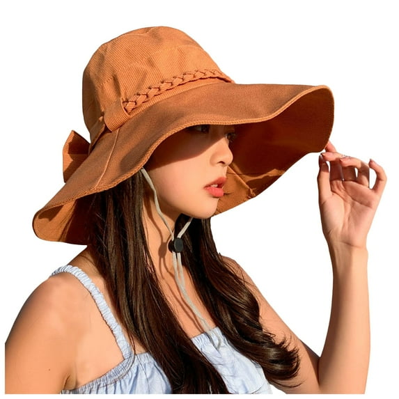 Fgnfyis Wide Brim Sun Hat for Lady with Chin Strap Bow Spring Summer Travel Outdoor Sun Protection Hats for Women Orange