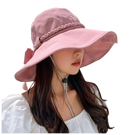 Fgnfyis Wide Brim Sun Hat for Lady with Chin Strap Bow Spring Summer Travel Outdoor Sun Protection Hats for Women Red