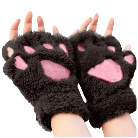 Fgnfyis Winter Gloves for Women Cat Half Finger Bear Fingerless Cute Thick Lined Cartoon Warm Neck Hanging Plush Mittens Coffee