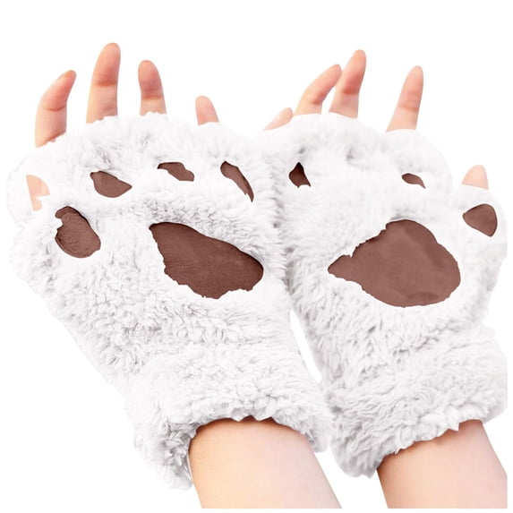 Fgnfyis Winter Gloves for Women Cat Half Finger Bear Fingerless Cute Thick Lined Cartoon Warm Neck Hanging Plush Mittens White