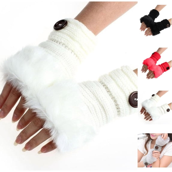 Fgnfyis Winter Gloves for Women Girl Mittens Warm Rabbit Winter Wrist Fingerless Plush Convertible Handwear White