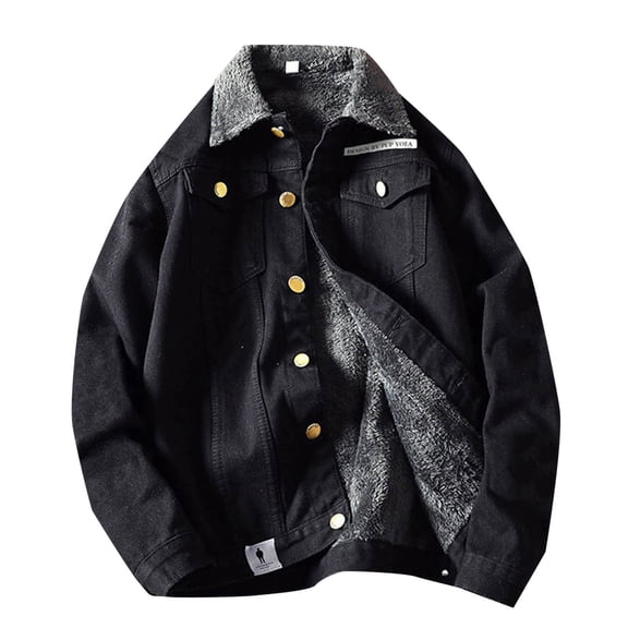 Fgnfyis Winter Jackets for Men Autumn Fashion Casual Denim Long Sleeved Lapel Lined Jacket Warm Classic Style Button up Mens Winter Coats Black M