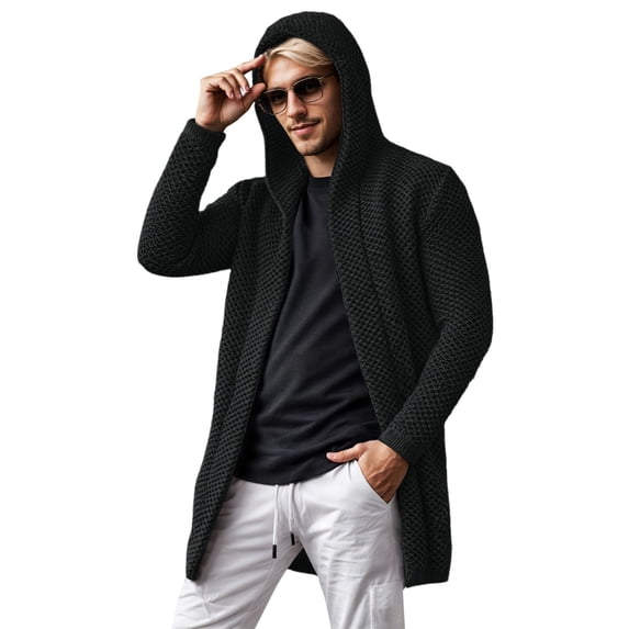 Fgnfyis Winter Jackets for Men Cardigan Sweater with Hood and High Neck Soft Warm Knit Pullover Mens Winter Coat Black XL