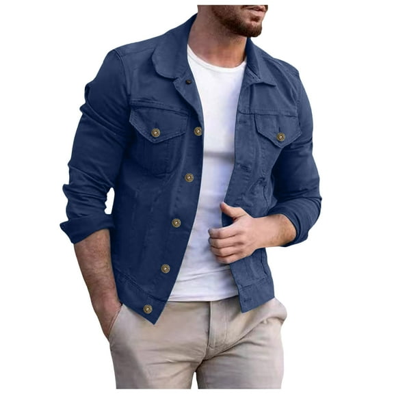 Fgnfyis Winter Jackets for Men Long Sleeve Denim Cardigan Casual Holiday Cargo Coat Mens Jacket Navy M