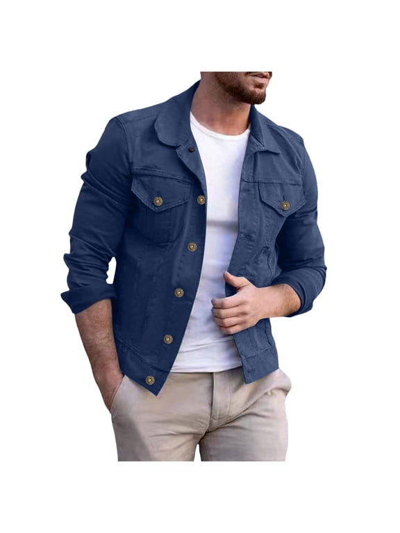 Winter Jackets for Men Long Sleeve Denim Cardigan Casual Holiday Cargo Coat Mens Jacket Navy XL
