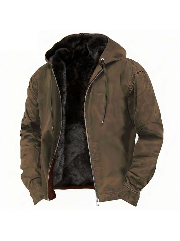 Winter Jackets for Men Warm Jacket with Hood and Zip Thermal Lined Windproof Thick Hooded Casual Outerwear Mens Coat Brown M
