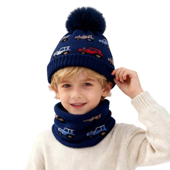 Fgnfyis Winter Kids Scarf Lined Neck Warmer Knitted Cap Beanie Hats for Kids Baby Car Print Set