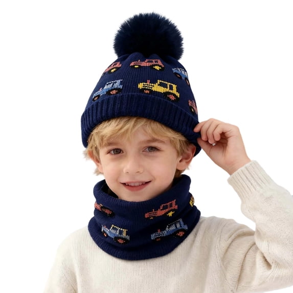 Fgnfyis Winter Kids Scarf Lined Neck Warmer Knitted Cap Beanie Hats for Kids Baby Car Print Set