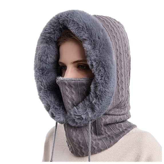 Fgnfyis Winter Thermal Hooded Ski for Women Cold Weather Outdoor Riding Face Headgear with Integrated Bib Grey One Size