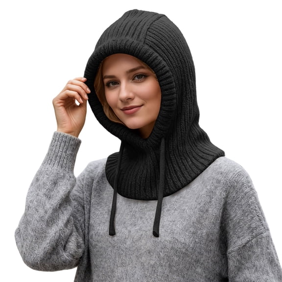 Fgnfyis Winter Thermal Knitted Hat with Face Scarf for Outdoor Sports Cold Weather Windproof Ear Cap Unisex Hats for Women Black