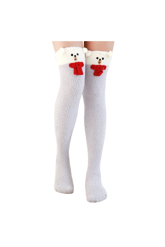 Winter Warm Fuzzy Thigh High Socks for Women Cartoon Over Knee Home Socks Cozy and Comfortable Purple