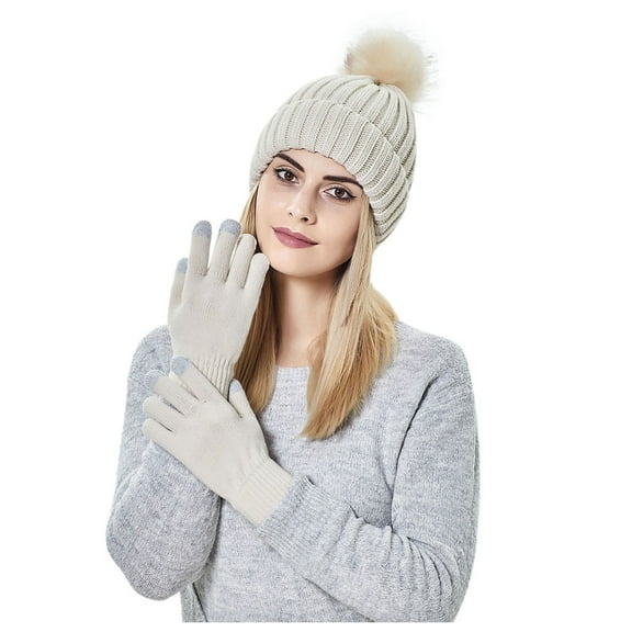 Fgnfyis Winter Women‘S Warm Hat & Gloves Set, Thick Soft Knitted Knit Ski for Outdoor - Winter Hats for Women White