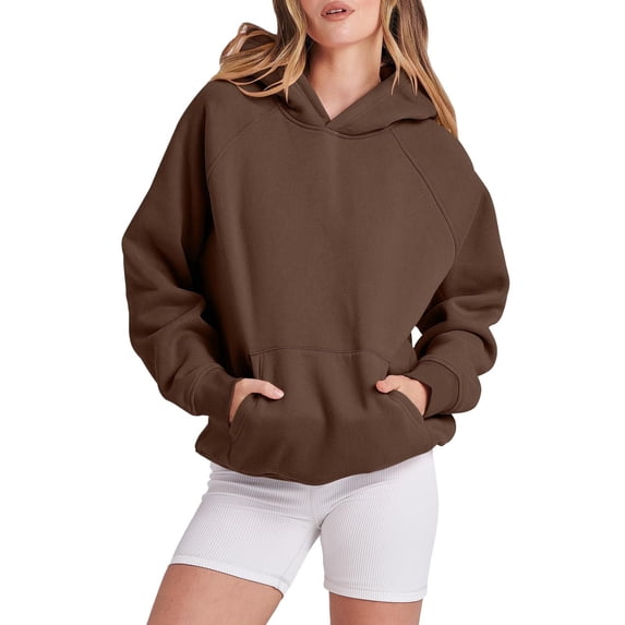 Fgnfyis Women's Solid Basic Letter Loose Hoodie Long Sleeve with Pocket Drop Shoulder Pullover Top for Casual Comfortable Wear Coffee L