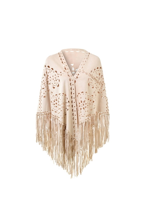 Women Bohemian Style Suede Fringe Open Cape Poncho Scarf with Punch Pattern Versatile Shawl White