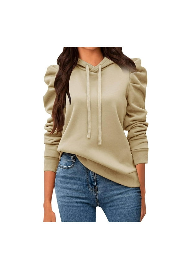 Women Casual Puff Sleeve Pullover Hoodie Drawstring Hood Long Sleeve Loose Fit Solid Shirt Fall Fashion Beige XL