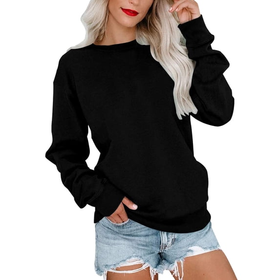 Fgnfyis Women Casual Round Neck Pullover Sweatshirt Long Sleeve Cute Loose Version Sweater Top Black XXL