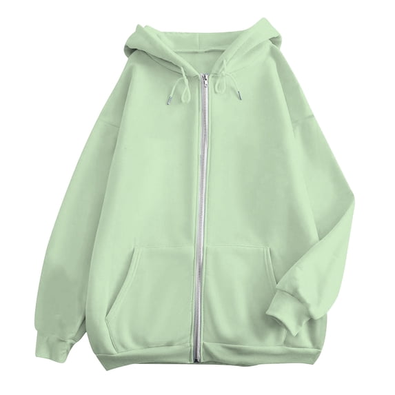 Fgnfyis Women Casual Solid Color Zip Up Hoodie with Pocket for Everyday Comfortable Wear Light Green XXL