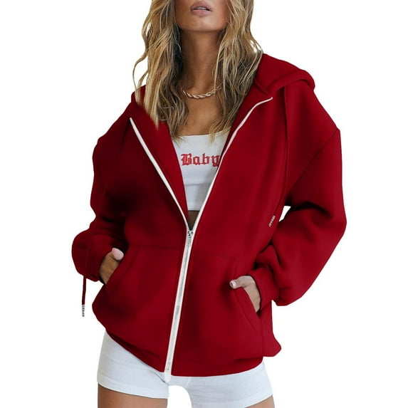 Fgnfyis Women Casual Solid Long Sleeve Zip Up Hoodie with Pocket Hooded Sweatshirt Coat Top Dark Red M