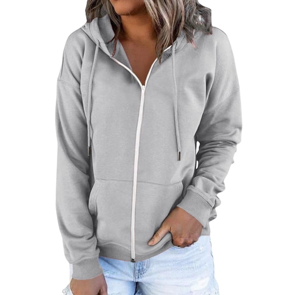 Fgnfyis Women Casual Solid Zip Up Hoodie with Drawstring Hooded Sweatshirt Pocket Long Sleeve Top Grey XXL