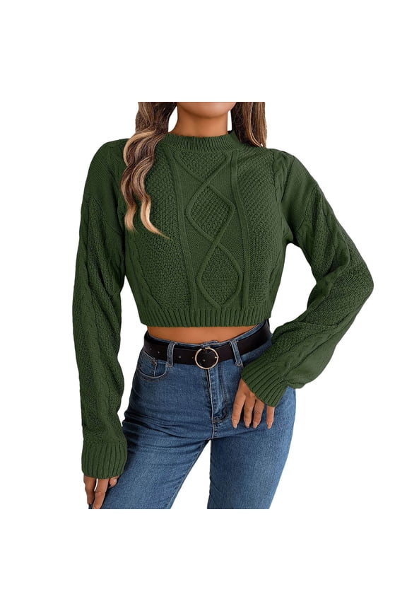 Women Cropped Sweater Casual Long Sleeve Cable Knit Pullovers for Fall Winter Fashion Green S