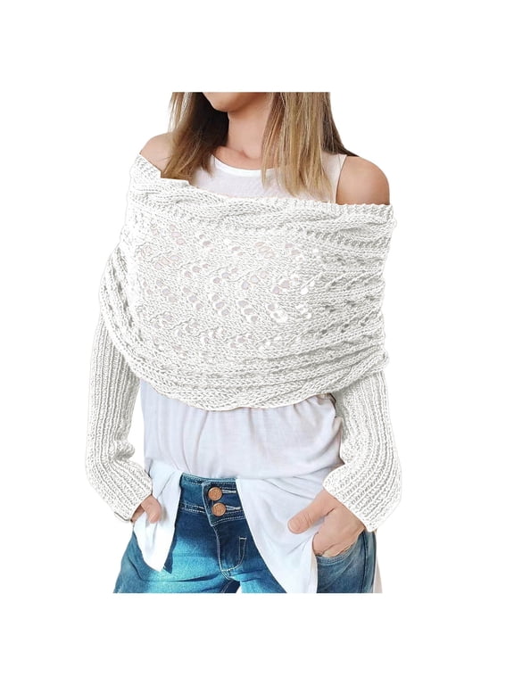 Men and Women Fashion Casual Solid Color Knitted Wool Openwork Long Shawl Bib Scarf for Autumn Winter Outdoor Wear White