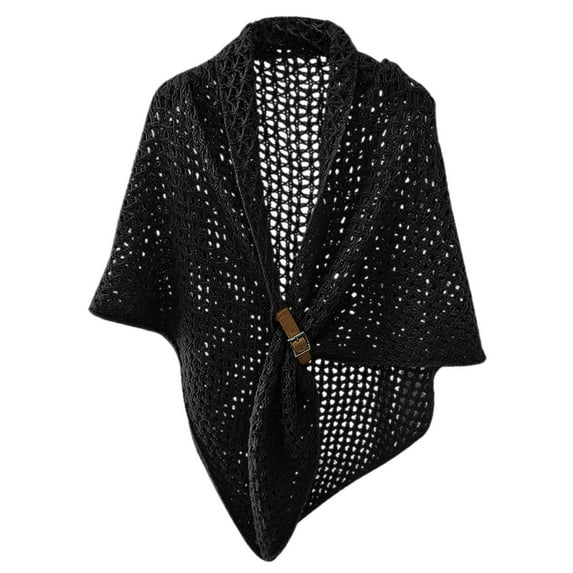Fgnfyis Women Fashion Solid Color Hollow Out Leather Buckle Big Triangle Cape Cloak Warm Decorative Scarf Split Design Black
