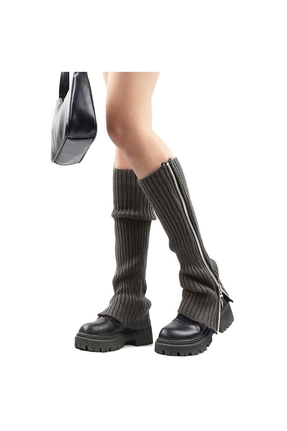 Women Gothic Punk Ribbed Knitted Leg Warmers Side Zip up Solid Color Boot Knee High Stockings Student Winter Foot Cover Grey