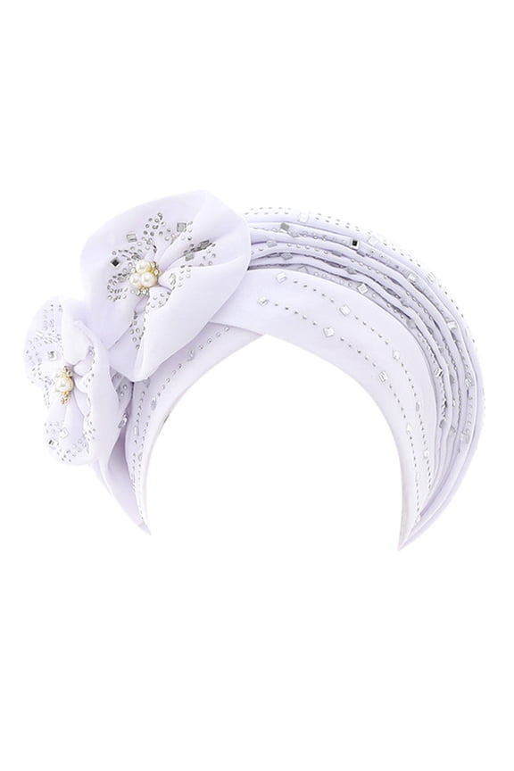 Women Hat Adjustable Air Layer Rhinestone Beaded Braid African Turban Sleep Bonnet Wrap Cap White One Size
