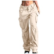 Fgnfyis Women High Waist Baggy Cargo Pants Cargo Jeans Jogger Pocket Loose Fit Straight Wide Leg Trouser Baggy Cargo Pants for Women Beige XL