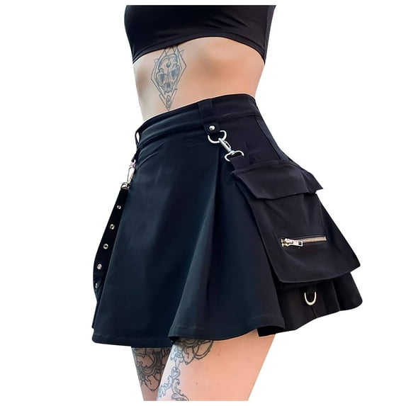 Fgnfyis Women Irregular Street Gothic Skirt A-line Waist Pleated Punk Belt Style High Skirt Utility Cargo Skirt Black L