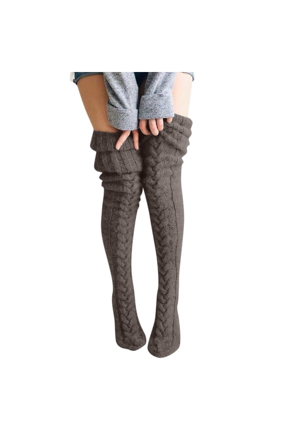 Women Knit Leg Warmers Thigh Long Socks with Pompom Over Knee Cable Boot Knee High Stockings Winter Dark Gray