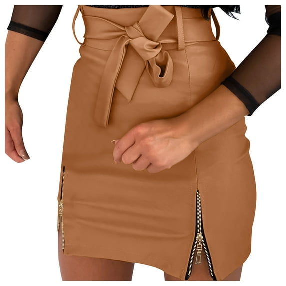 Fgnfyis Women Leather Skirts High Waist Mini Skirt A-Line PU Mini Zipper Skirt for Streetwear Style Khaki S
