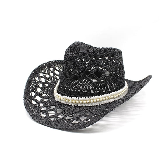 Fgnfyis Women Men Western Cowboy Straw Sun Hat with Shapeable Wide Brim for Summer Beach Outdoor Black One Size
