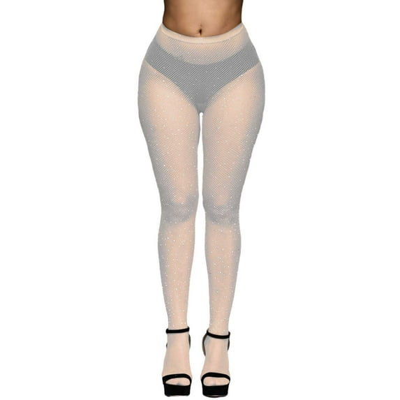 Fgnfyis Women Net Stockings with Glitter Decoration Fishnet Stockings Pantyhose All Over Mesh Design for Party White One Size