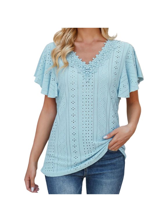 Fgnfyis Women'S T-Shirts Lace Collar Flutter Sleeve Casual Blouse Loose Fit Summer Basic Tee Top Womens Short Sleeve Tops Blue M