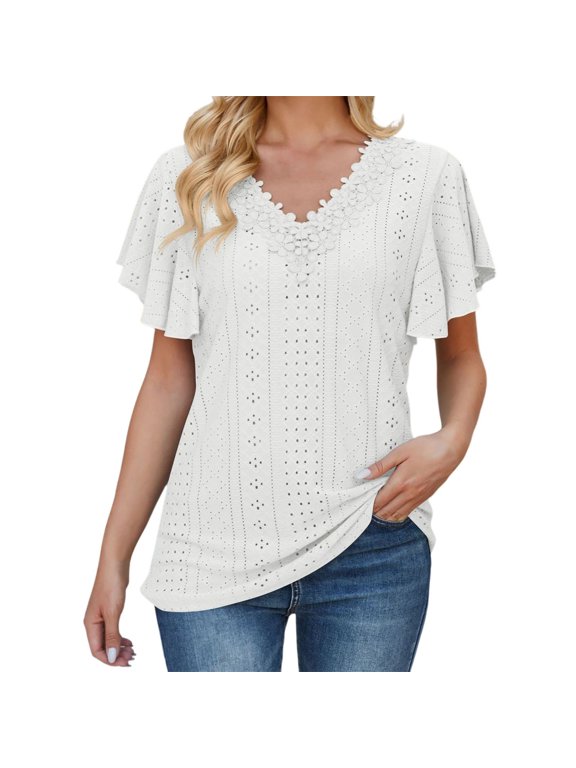 Fgnfyis Women'S T-Shirts Lace Collar Flutter Sleeve Casual Blouse Loose Fit Summer Basic Tee Top Womens Short Sleeve Tops White S