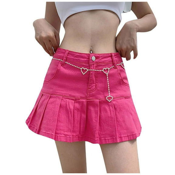 Fgnfyis Women Skirts High Waist Pleated Skirts Zipper Mini Skirts Streetwear Skirt Denim Ruffle Hem Stretch Pink M