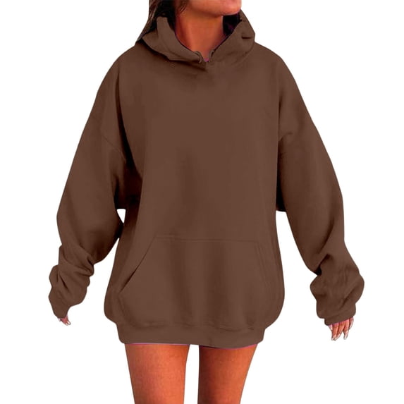Fgnfyis Women Solid Color Drop Shoulder Pullover Hoodie with Pockets Comfortable and Stylish Casual Sweatshirt Coffee XS