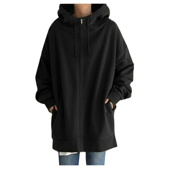 Fgnfyis Women Solid Color Full Zip Hooded Jacket Lined Streetwear Pullover for Autumn Winter Black XXXXXL
