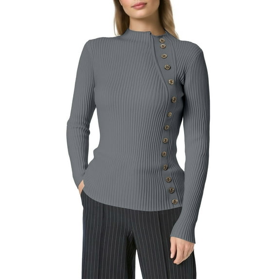 Fgnfyis Women Solid Color Half Turtleneck Button Down Sweater Top for Autumn Winter Warmth Grey M