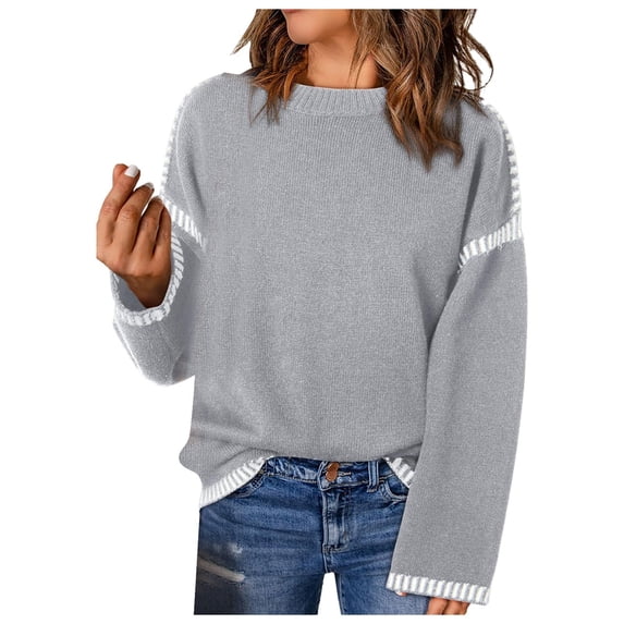Fgnfyis Women Solid Color Knit Sweater Color Block Design Long Sleeve Crew Neck Pullover Top Grey M