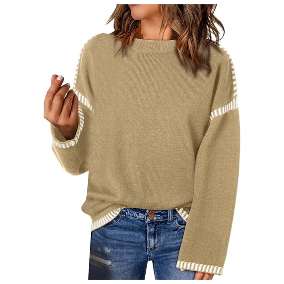 Fgnfyis Women Solid Color Knit Sweater Color Block Design Long Sleeve Crew Neck Pullover Top Khaki M