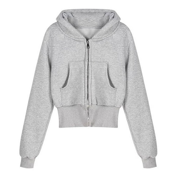 Fgnfyis Women Solid Zip Up Hoodie Short form Fitting Long Sleeve Cardigan Jacket with Hood for Casual Grey L
