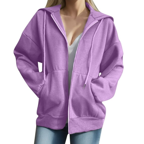 Fgnfyis Women's Street Long Sleeve Hooded Coat Sweatshirt Zip Up Solid Color Casual Warm Outerwear Purple L